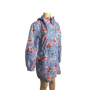 Women 4 Joules Right As Rain Waterproof Holkham Hood Zip Jacket Blue Floral Coat